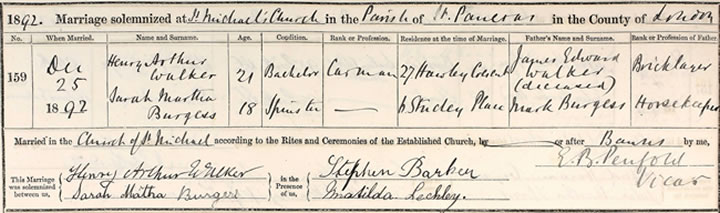 Marriage certificate for Henry Walker and Sarah Burgess