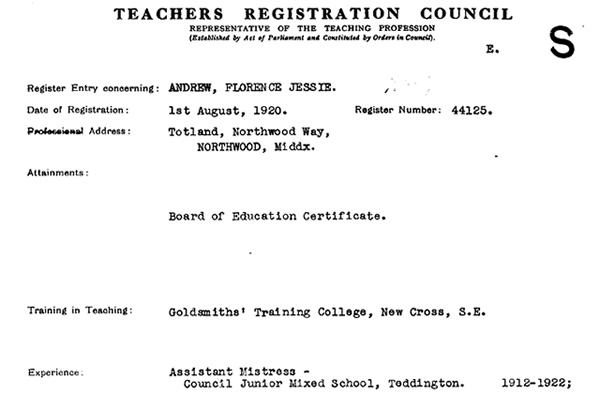 Teacher Registraion for Florence Jessie Hilditch